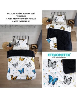 ETE HOMETEX TEK KİŞİLİK LÜX WELSOFT YORGAN SETİ KELEBEK ANTRASİT 155X215CM 8696474231929